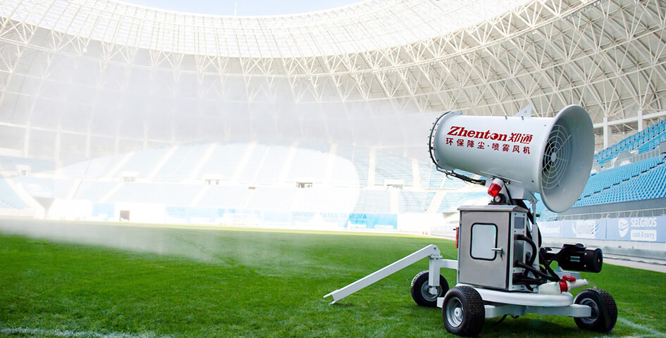 Romanian customers use spray fans for stadium maintenance